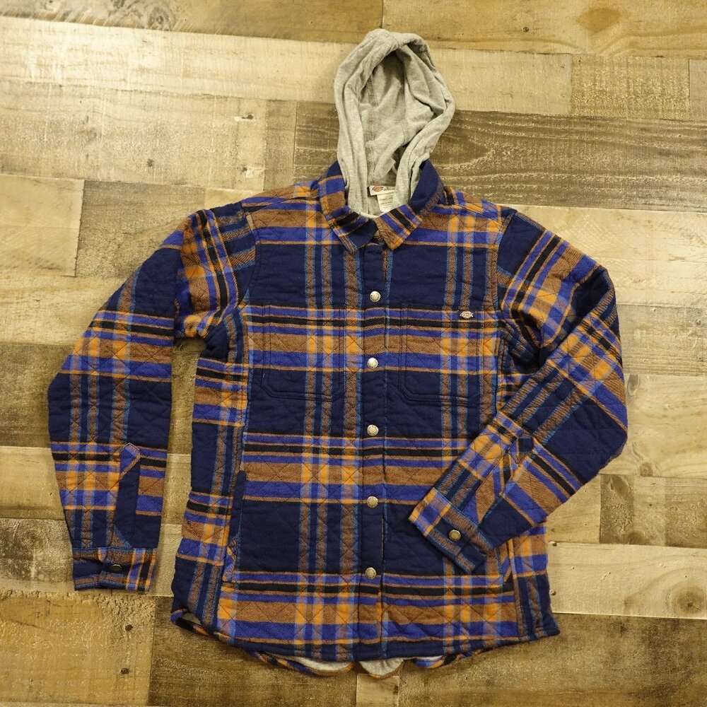 Dickies Quilted Flannel Hoodie Jacket‎ Plaid Blue/Orange Women's Size Medium